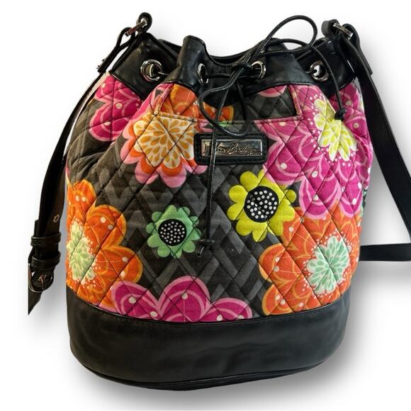 VERA BRADLEY Floral quilted draw string Bucket Bag/orange yellow pink daisies - Picture 2 of 13